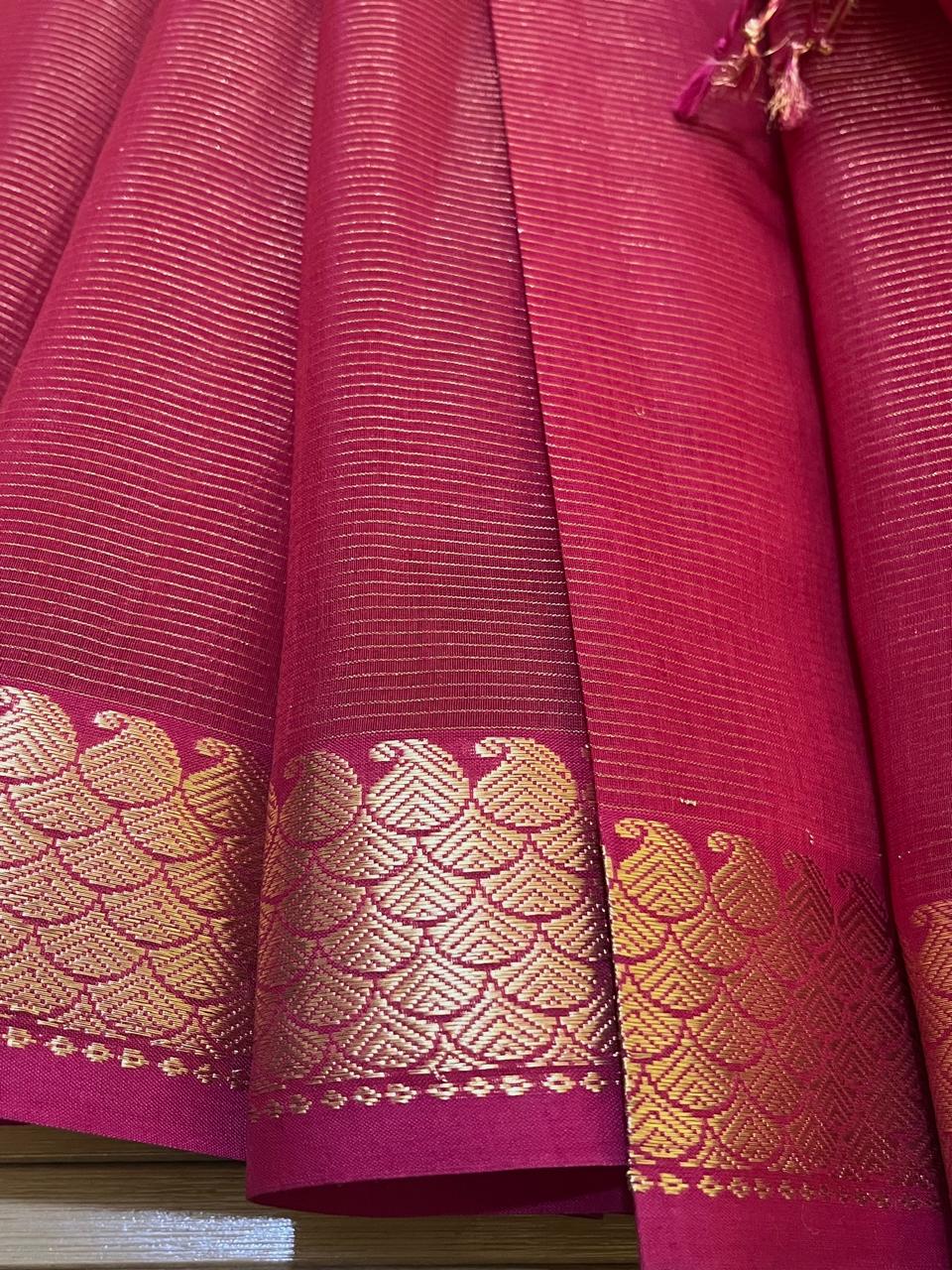 Traditional Maheshwari Handloom Saree in Kairi Border in Zari Weave - Rose Red