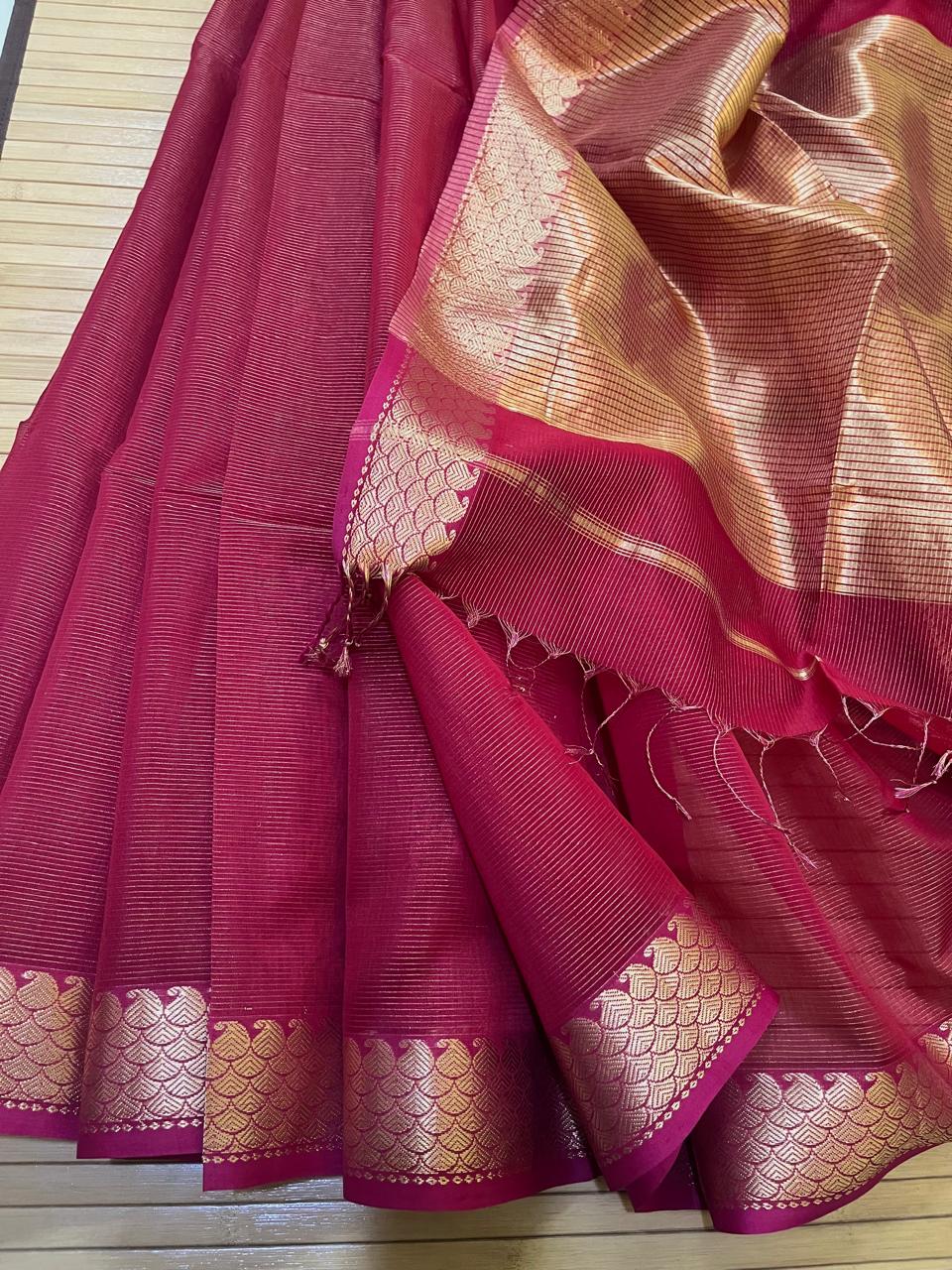 Traditional Maheshwari Handloom Saree in Kairi Border in Zari Weave - Rose Red