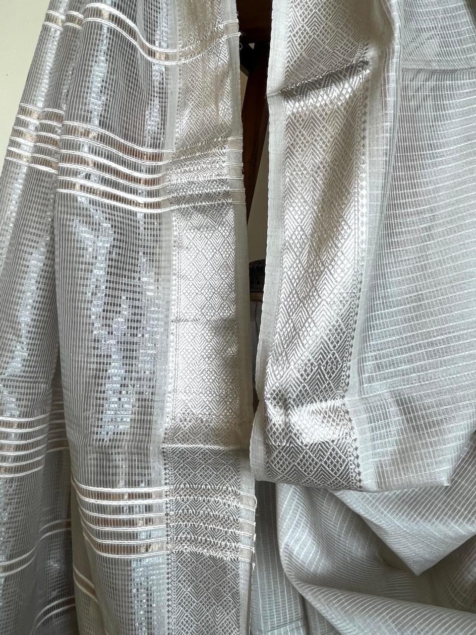 Maheshwari Silver Grid Saree with Heritage Chatai Border