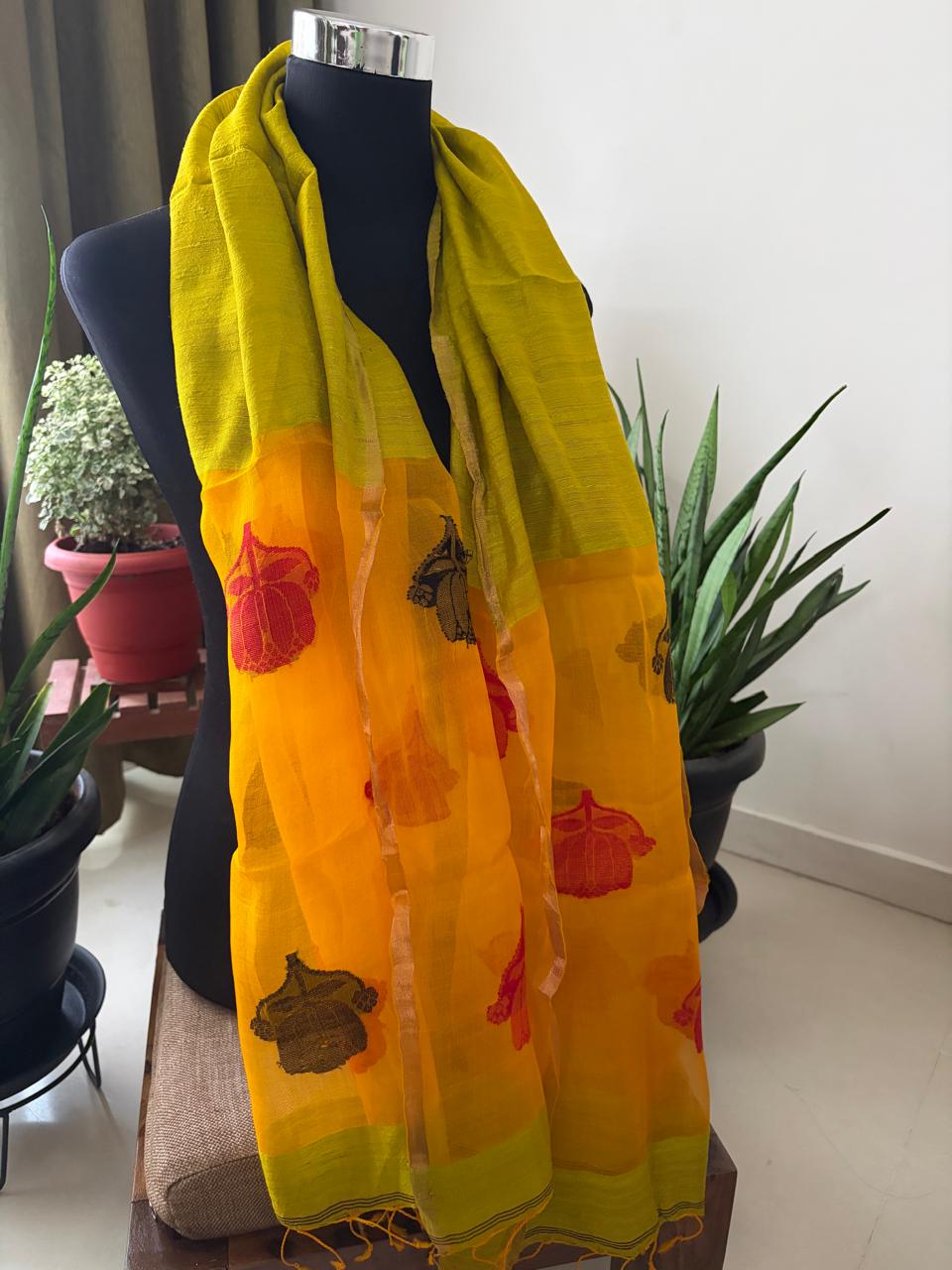 Matka Silk Stoles with Muslin Silk Palla and Buttis - Green Yellow