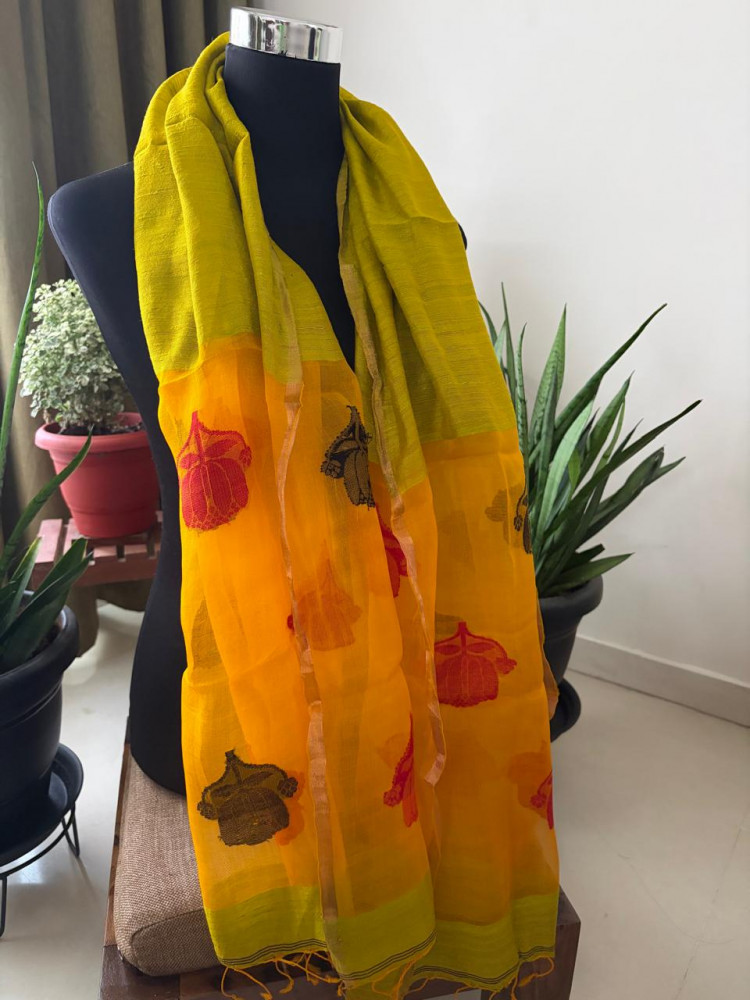 Image of Matka Silk Stoles with Muslin Silk Palla and Buttis - Green Yellow