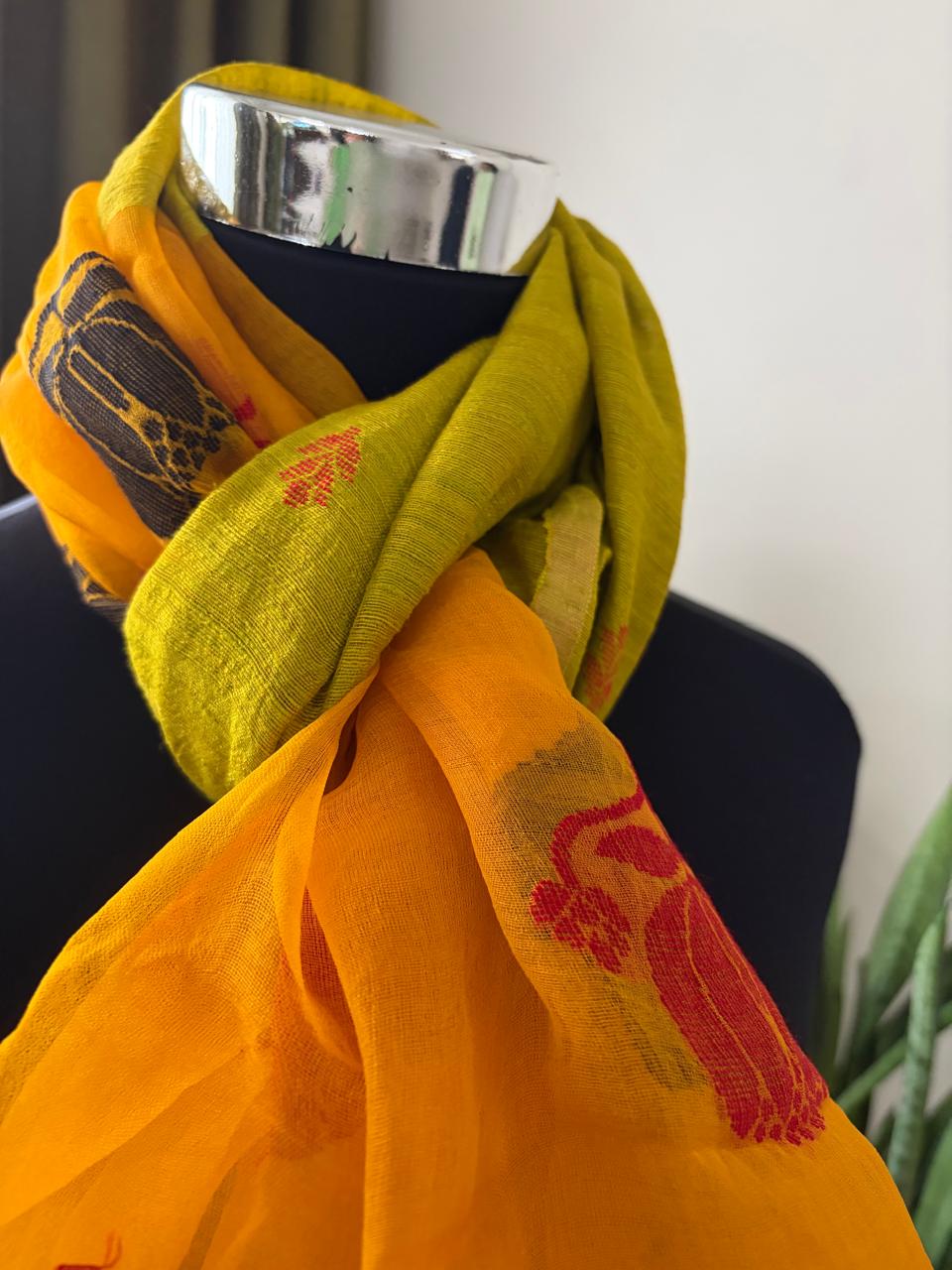 Matka Silk Stoles with Muslin Silk Palla and Buttis - Green Yellow