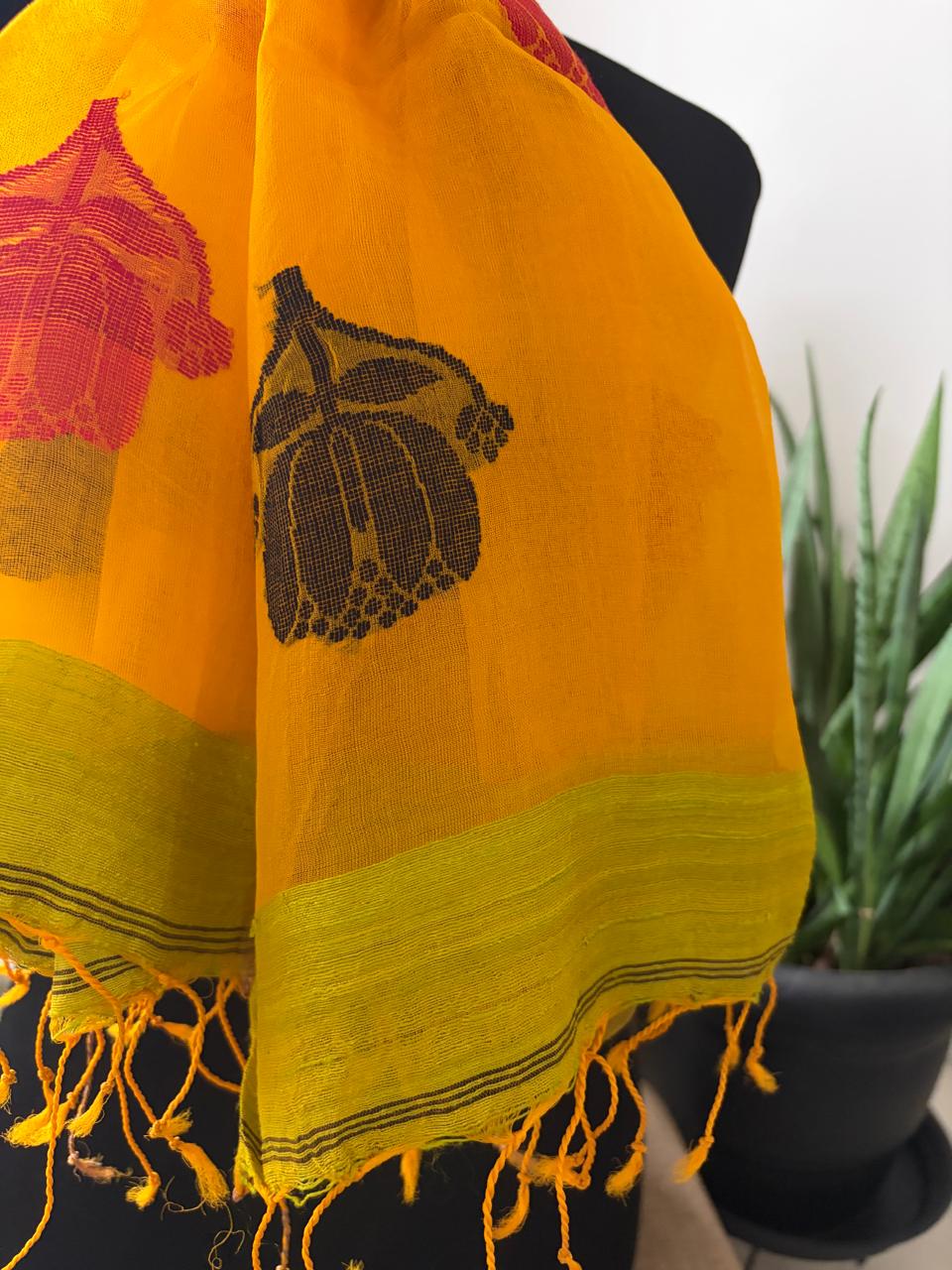 Matka Silk Stoles with Muslin Silk Palla and Buttis - Green Yellow