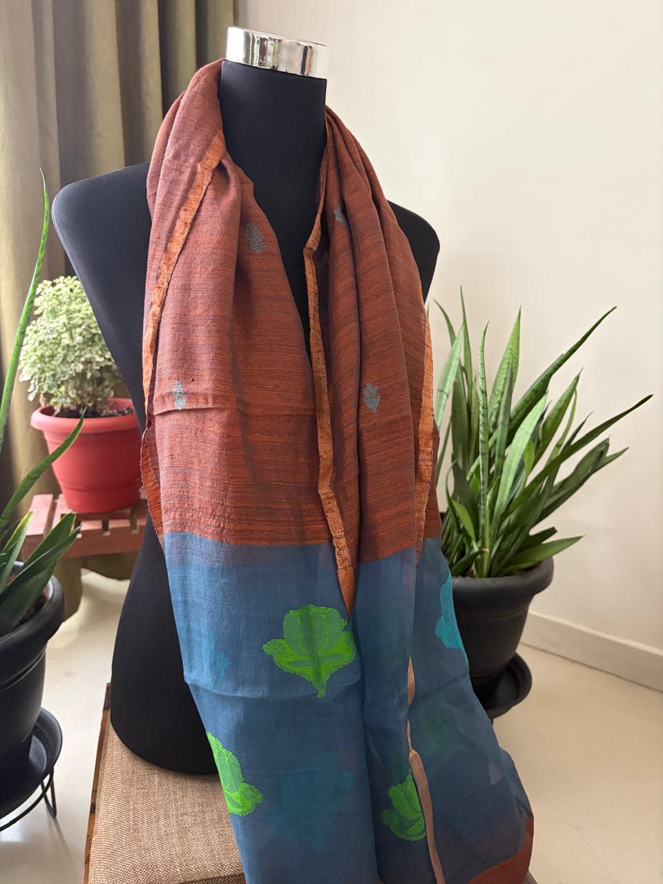 Matka Silk Stoles with Muslin Silk Palla and Buttis - Copper Brown