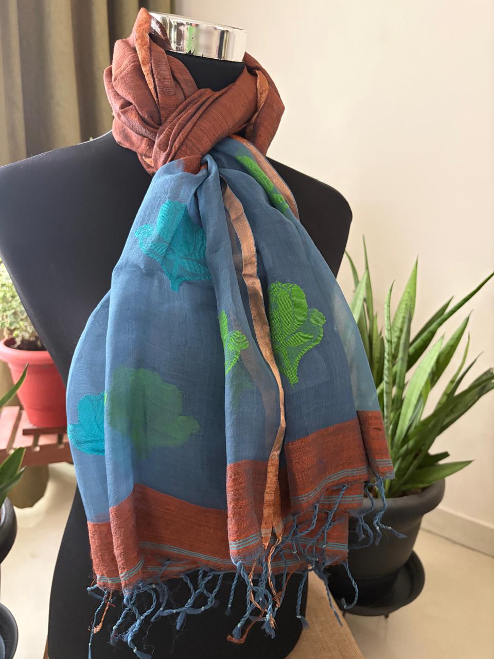 Matka Silk Stoles with Muslin Silk Palla and Buttis - Copper Brown