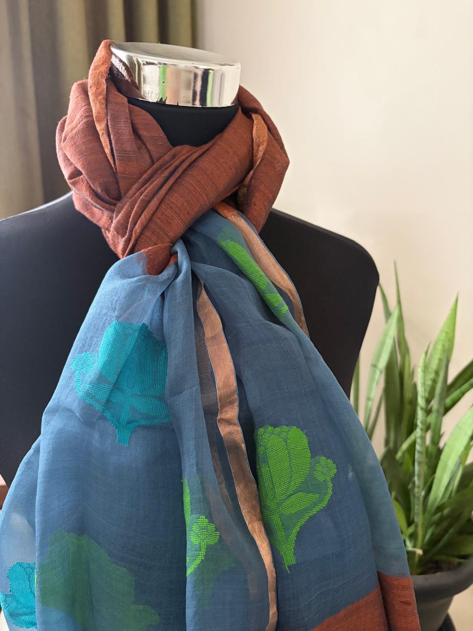 Matka Silk Stoles with Muslin Silk Palla and Buttis - Copper Brown