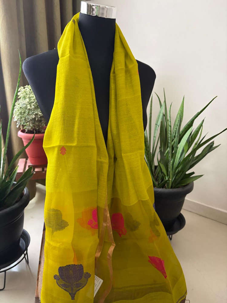 Image of Matka Silk Stoles with Muslin Silk Palla and Buttis - Citron Green