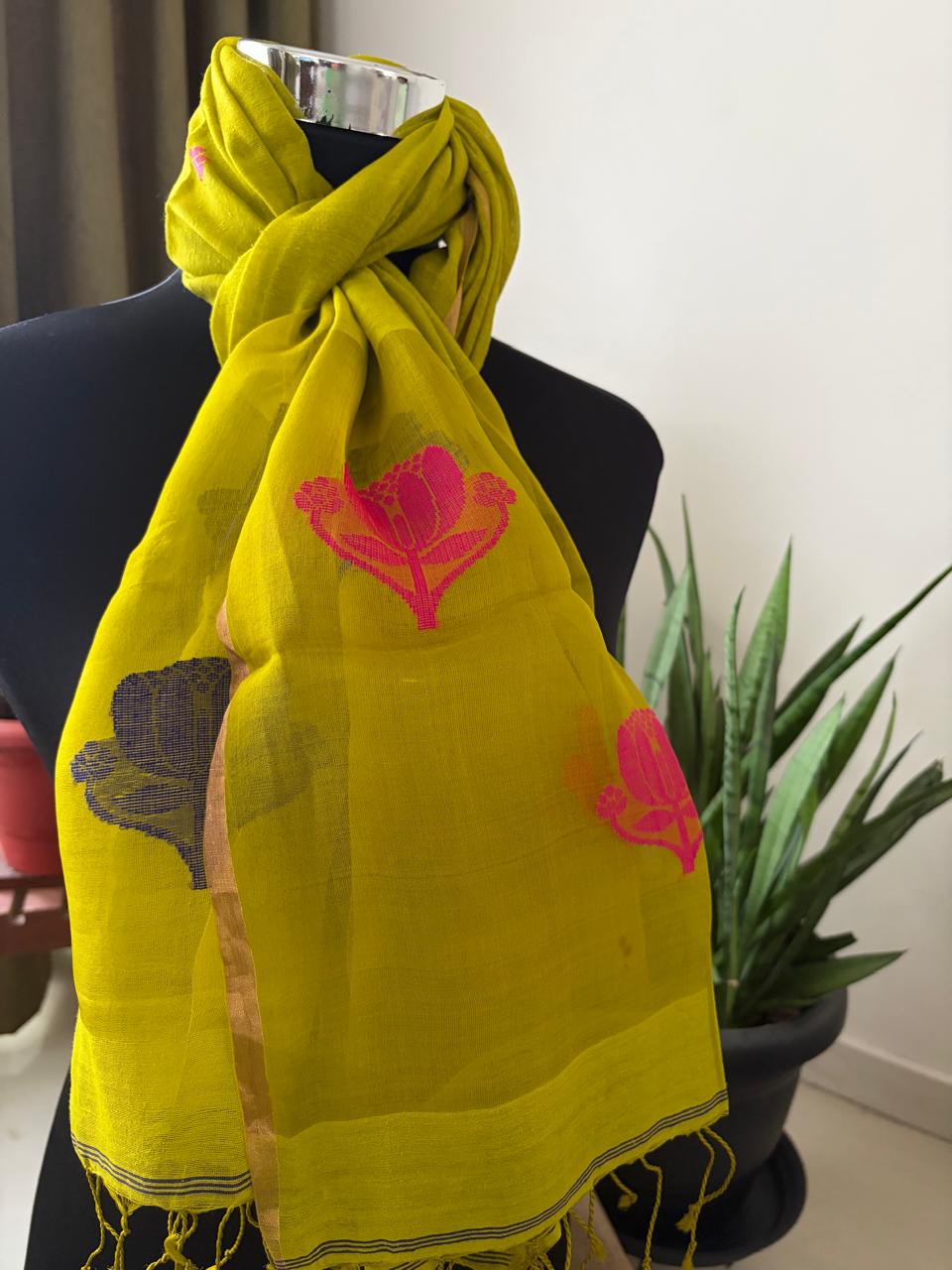 Matka Silk Stoles with Muslin Silk Palla and Buttis - Citron Green