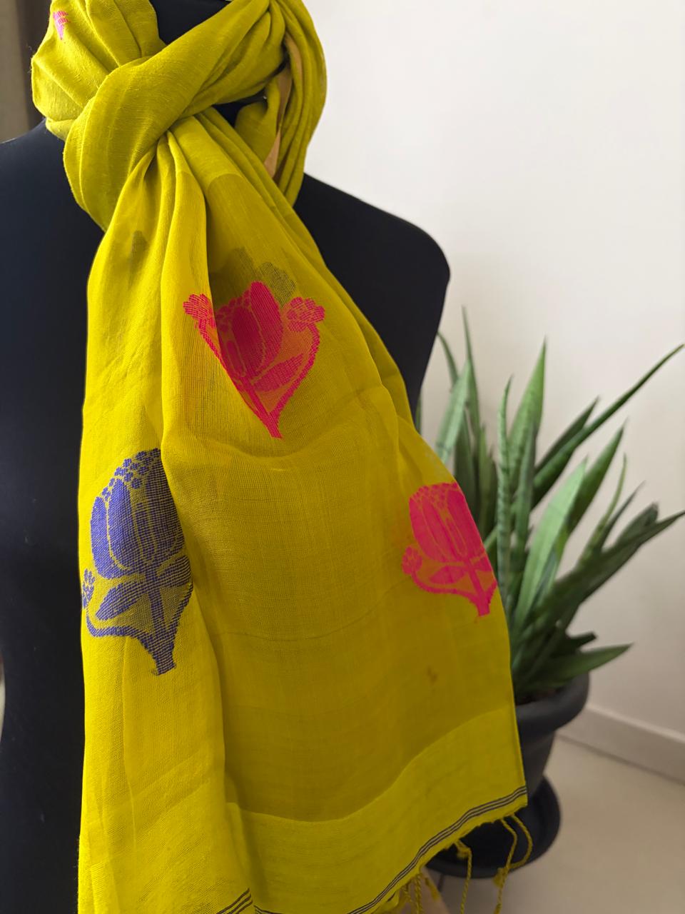 Matka Silk Stoles with Muslin Silk Palla and Buttis - Citron Green
