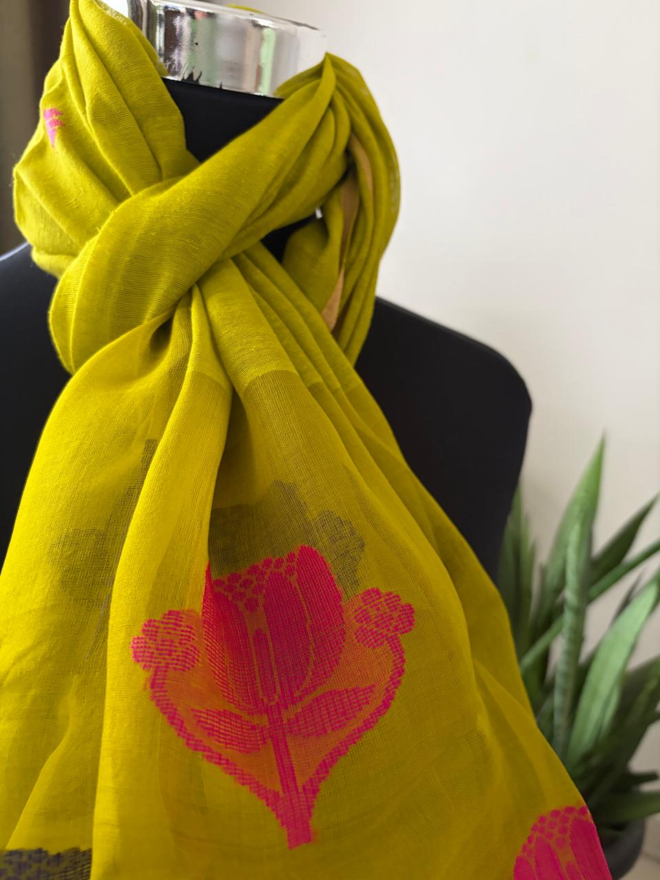 Matka Silk Stoles with Muslin Silk Palla and Buttis - Citron Green