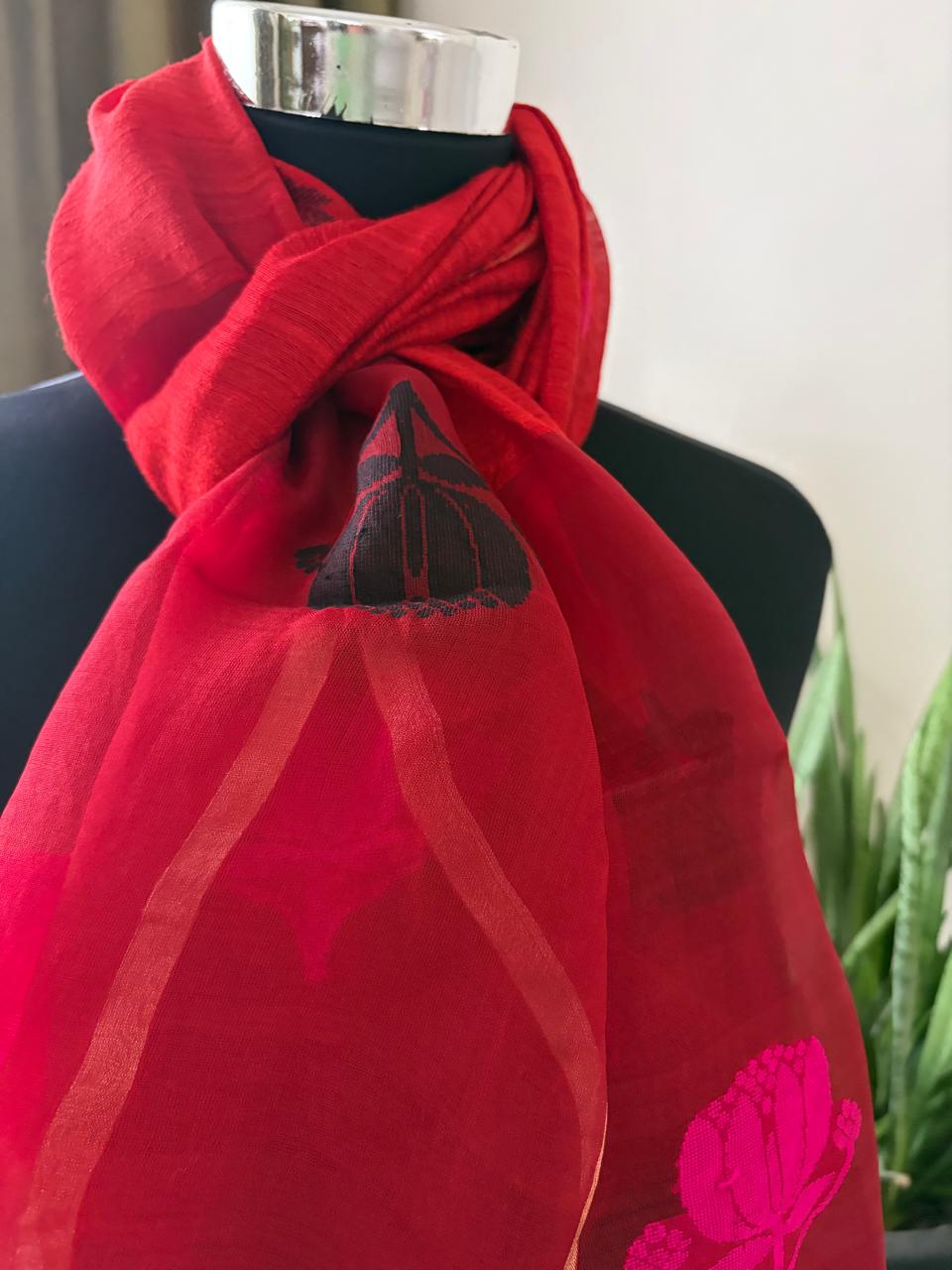 Matka Silk Stoles with Muslin Silk Palla and Buttis - Crimson Red