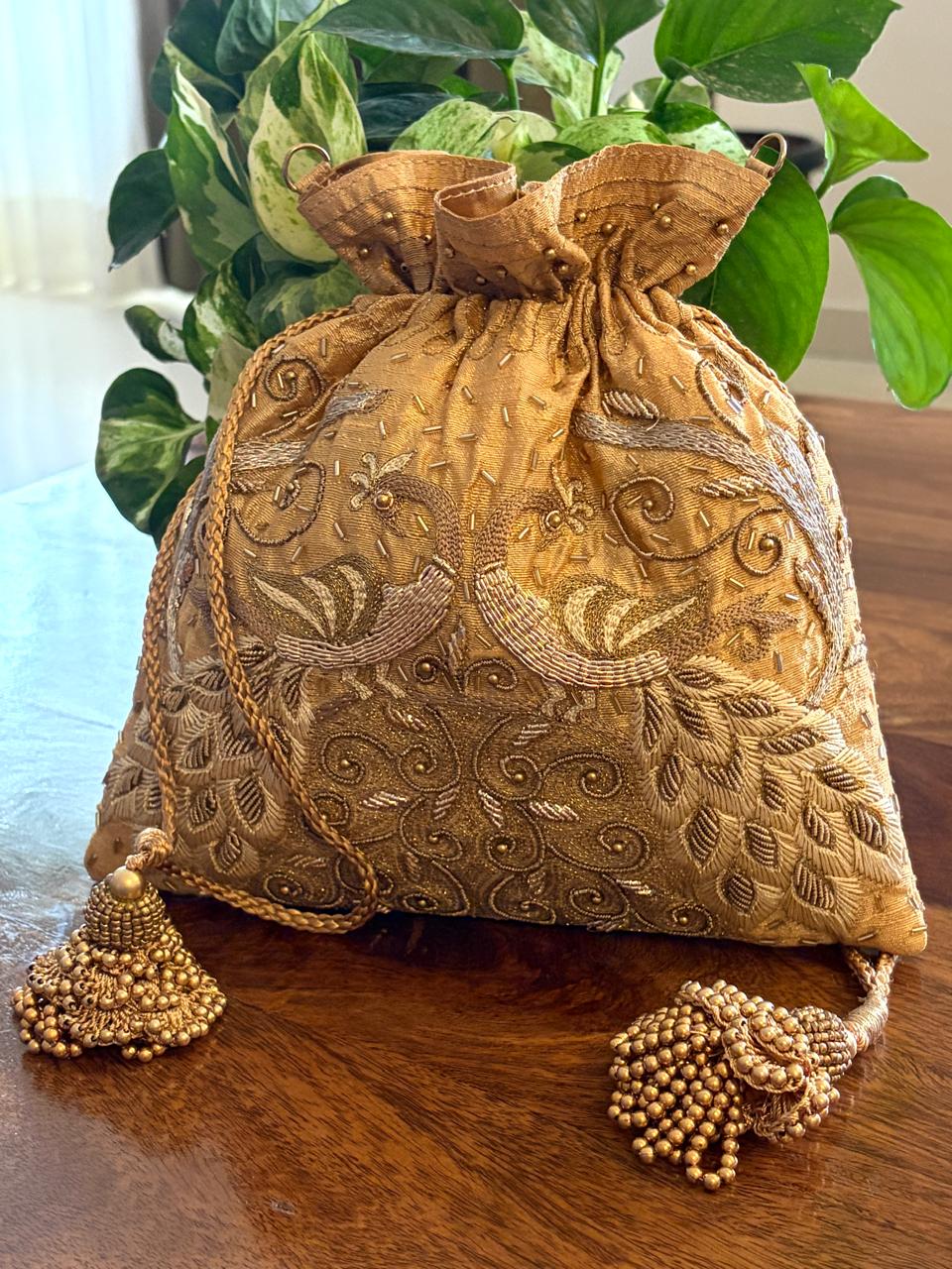 Mayura Antique Gold Bird-Motif Zardozi Potli