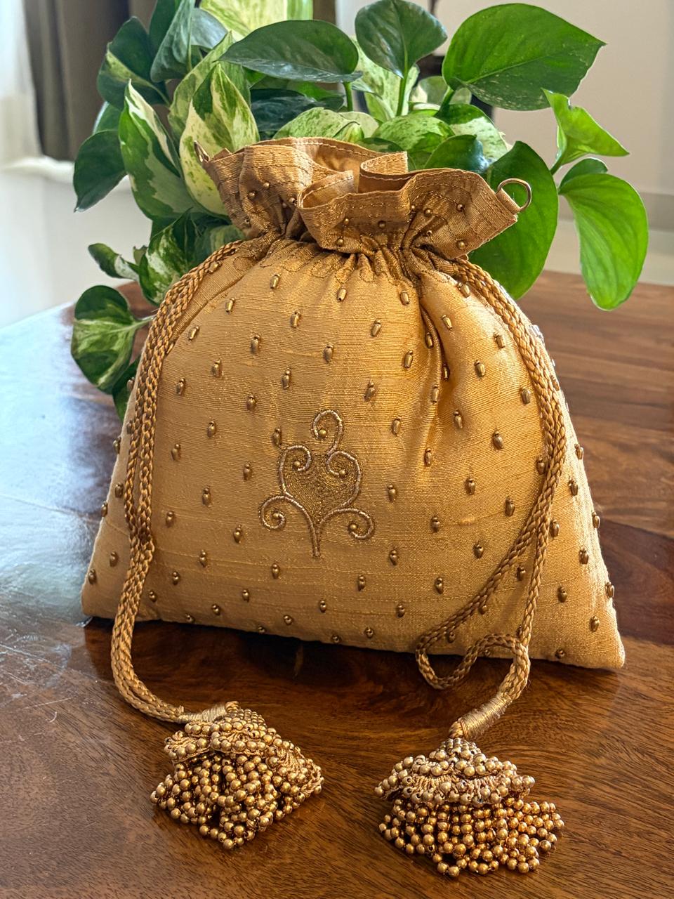 Mayura Antique Gold Bird-Motif Zardozi Potli