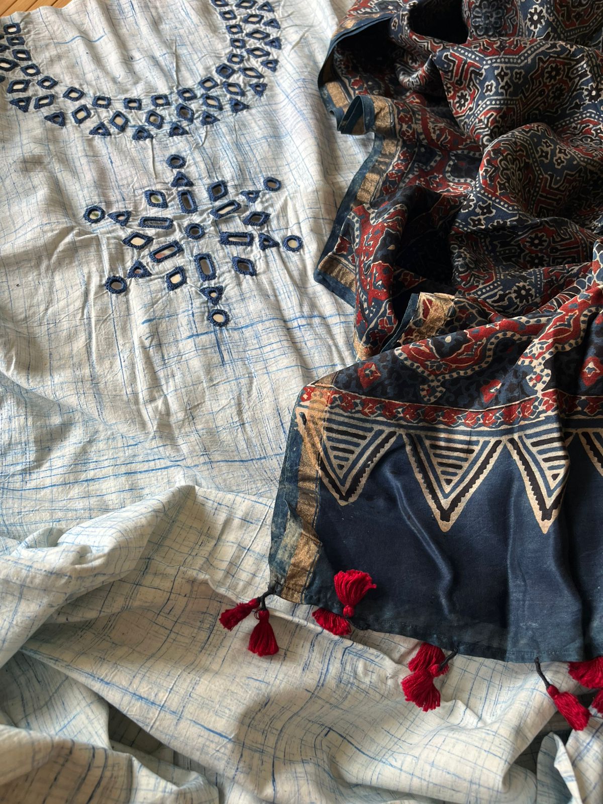 Mirror Work Cotton Kurta With Chanderi Ajrakh Handblock Dupatta