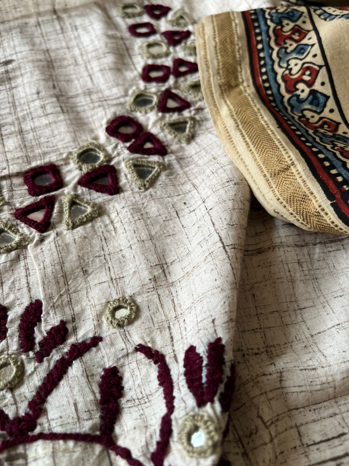 Mirror Work Cotton Kurta With Chanderi Ajrakh Handblock Dupatta