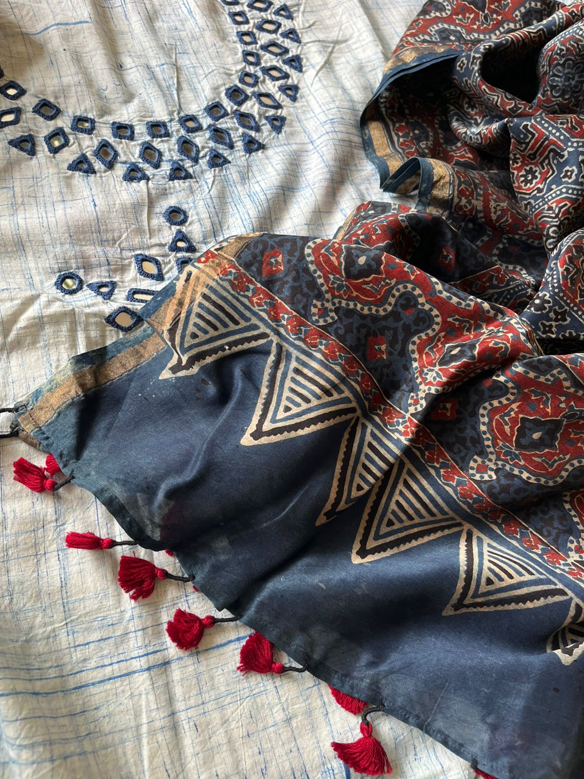 Mirror Work Cotton Kurta With Chanderi Ajrakh Handblock Dupatta