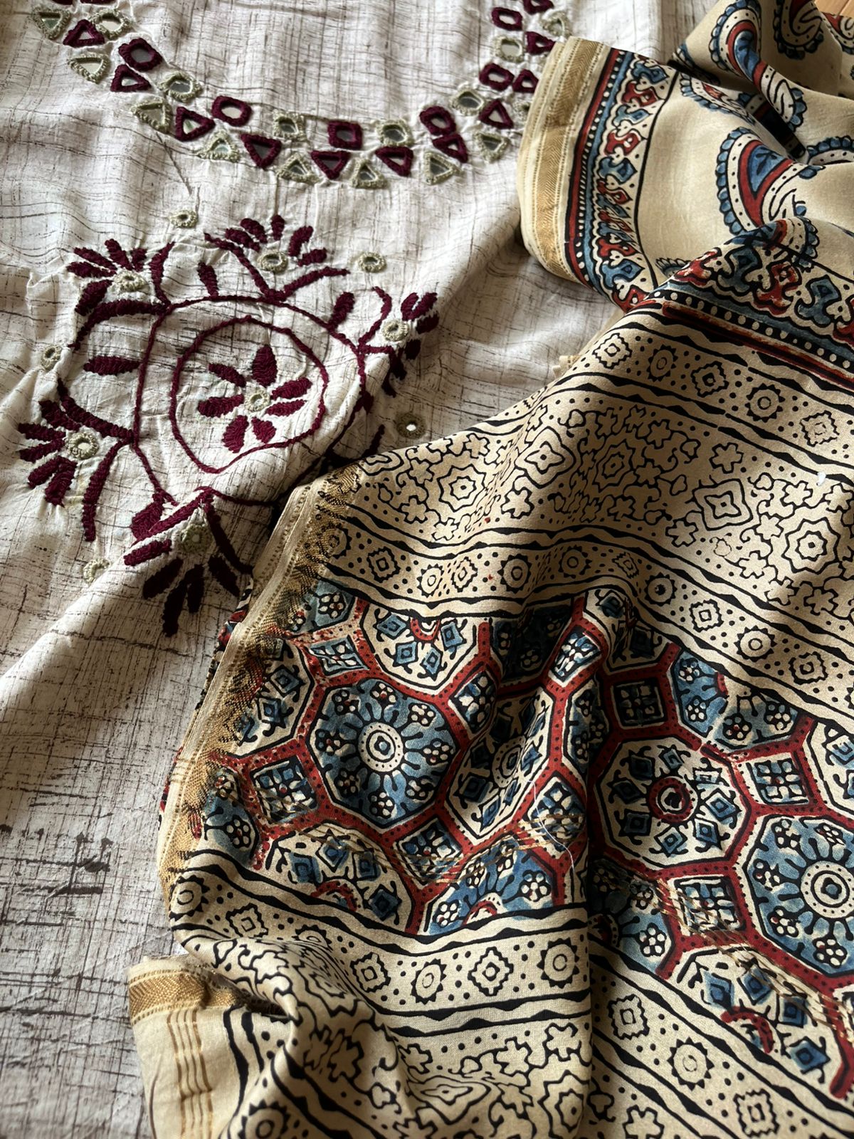 Mirror Work Cotton Kurta With Chanderi Ajrakh Handblock Dupatta