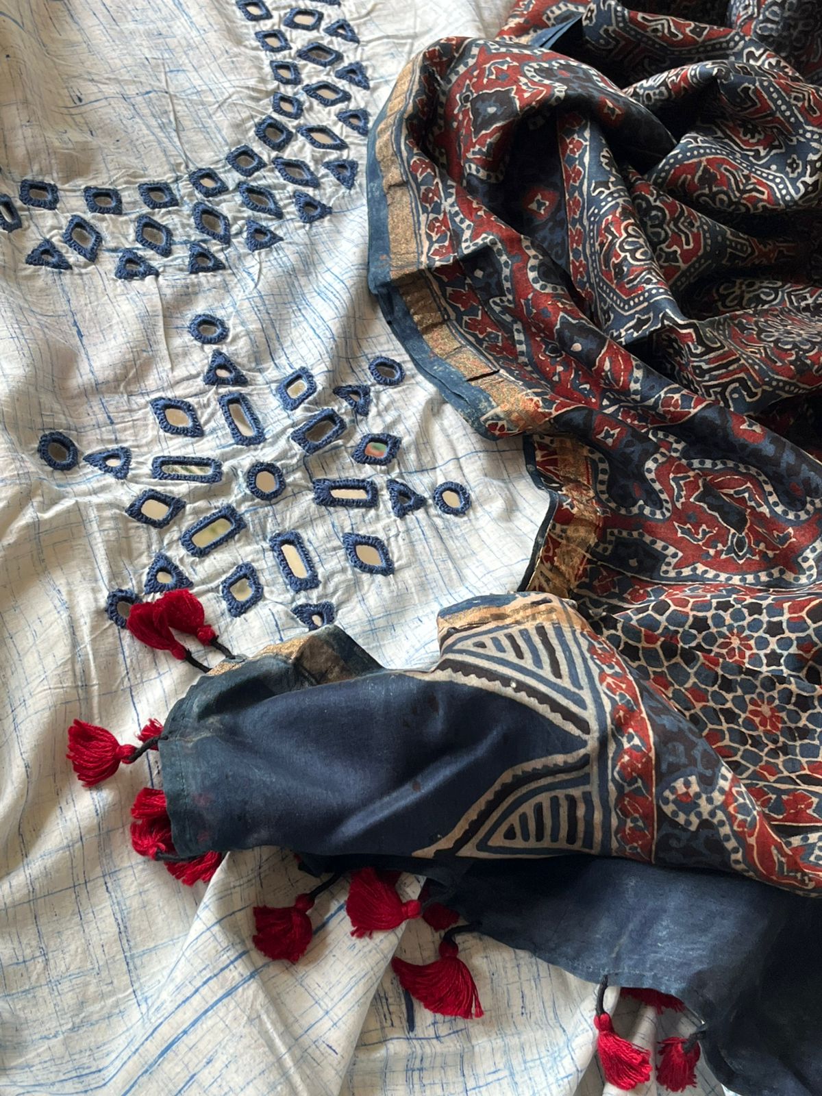 Mirror Work Cotton Kurta With Chanderi Ajrakh Handblock Dupatta