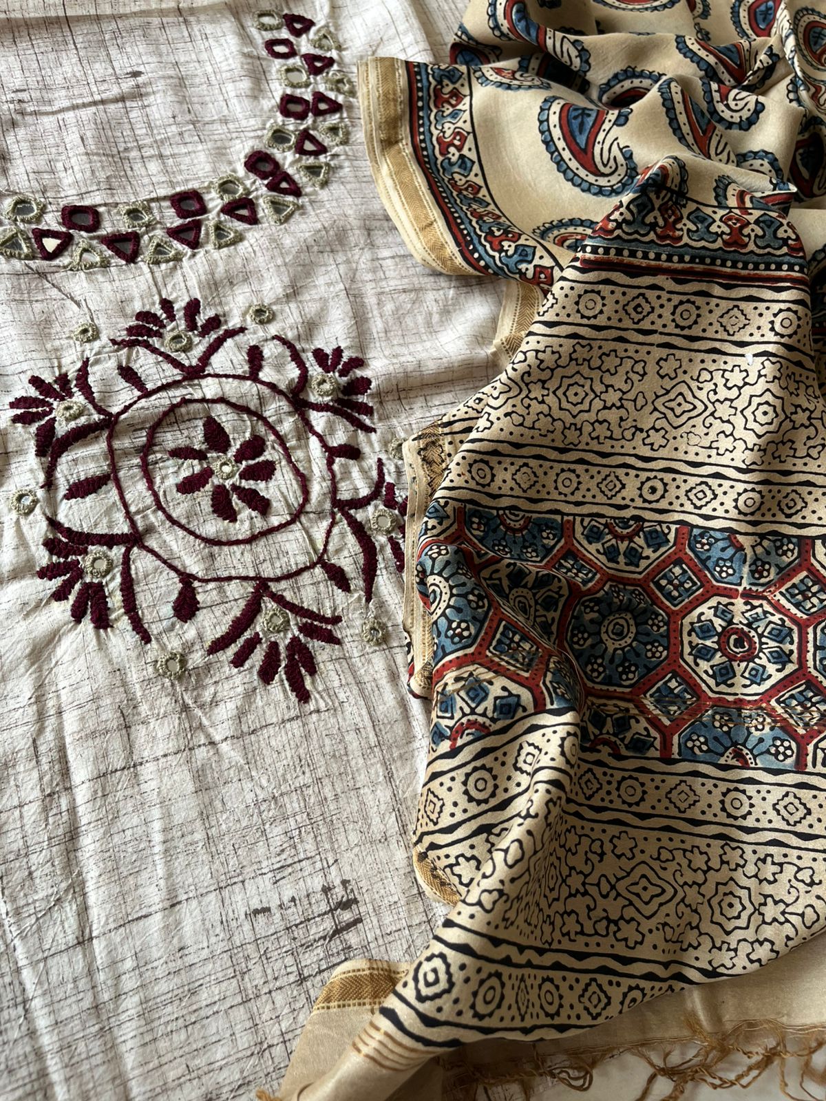 Mirror Work Cotton Kurta With Chanderi Ajrakh Handblock Dupatta