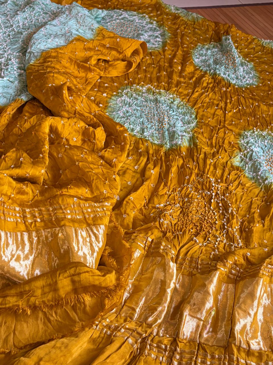 Hand-Tied Bandhani Modal Silk 3-Piece Suit Set Marigold Mustard Mist Blue
