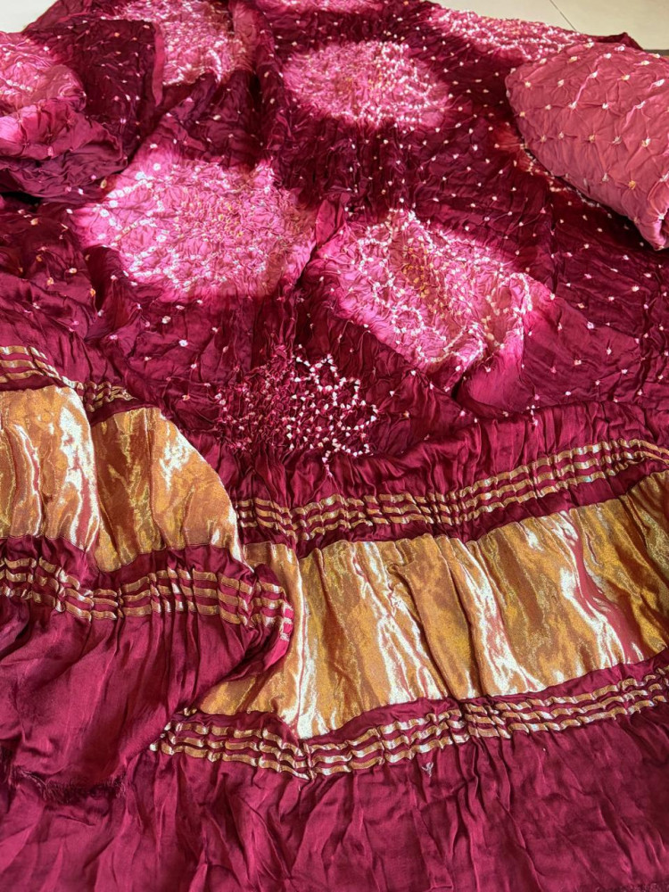 Image of Hand-Tied Bandhani Modal Silk 3-Piece Suit Set – Wine Maroon &amp; Rose Pink
