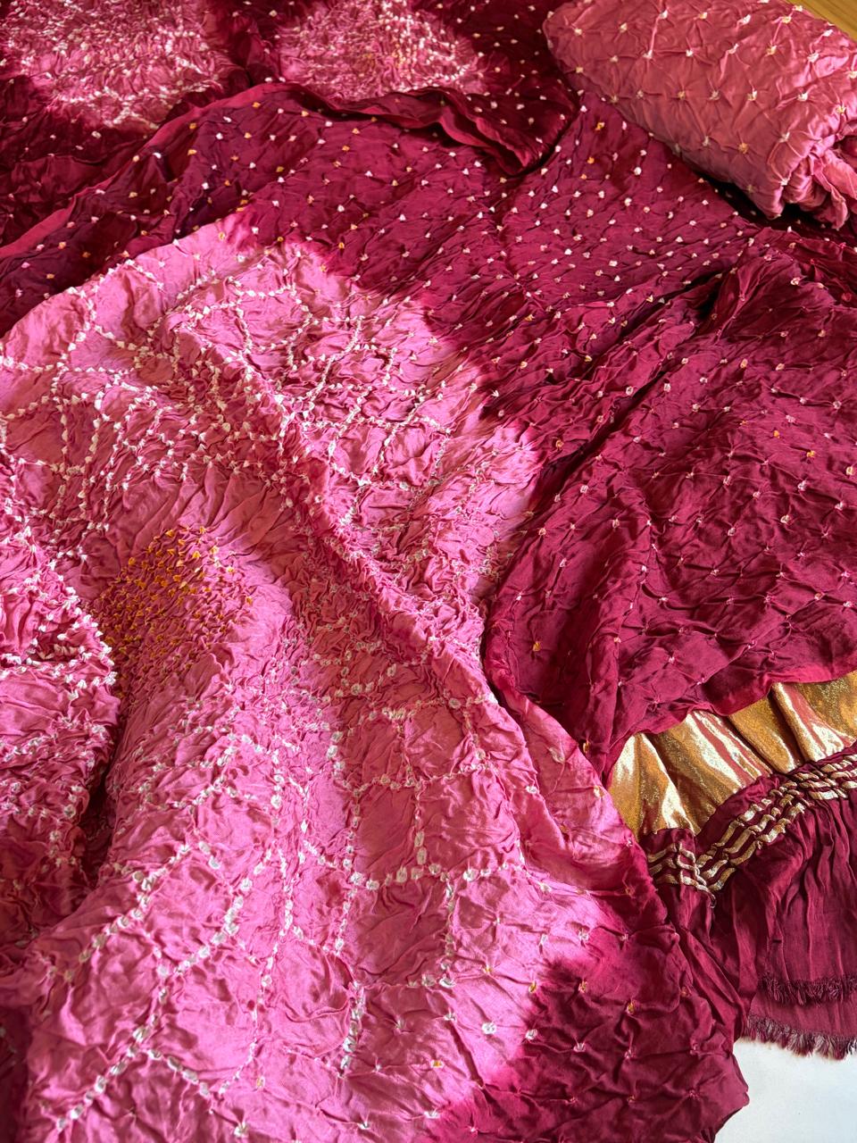Hand-Tied Bandhani Modal Silk 3-Piece Suit Set  Wine Maroon  Rose Pink