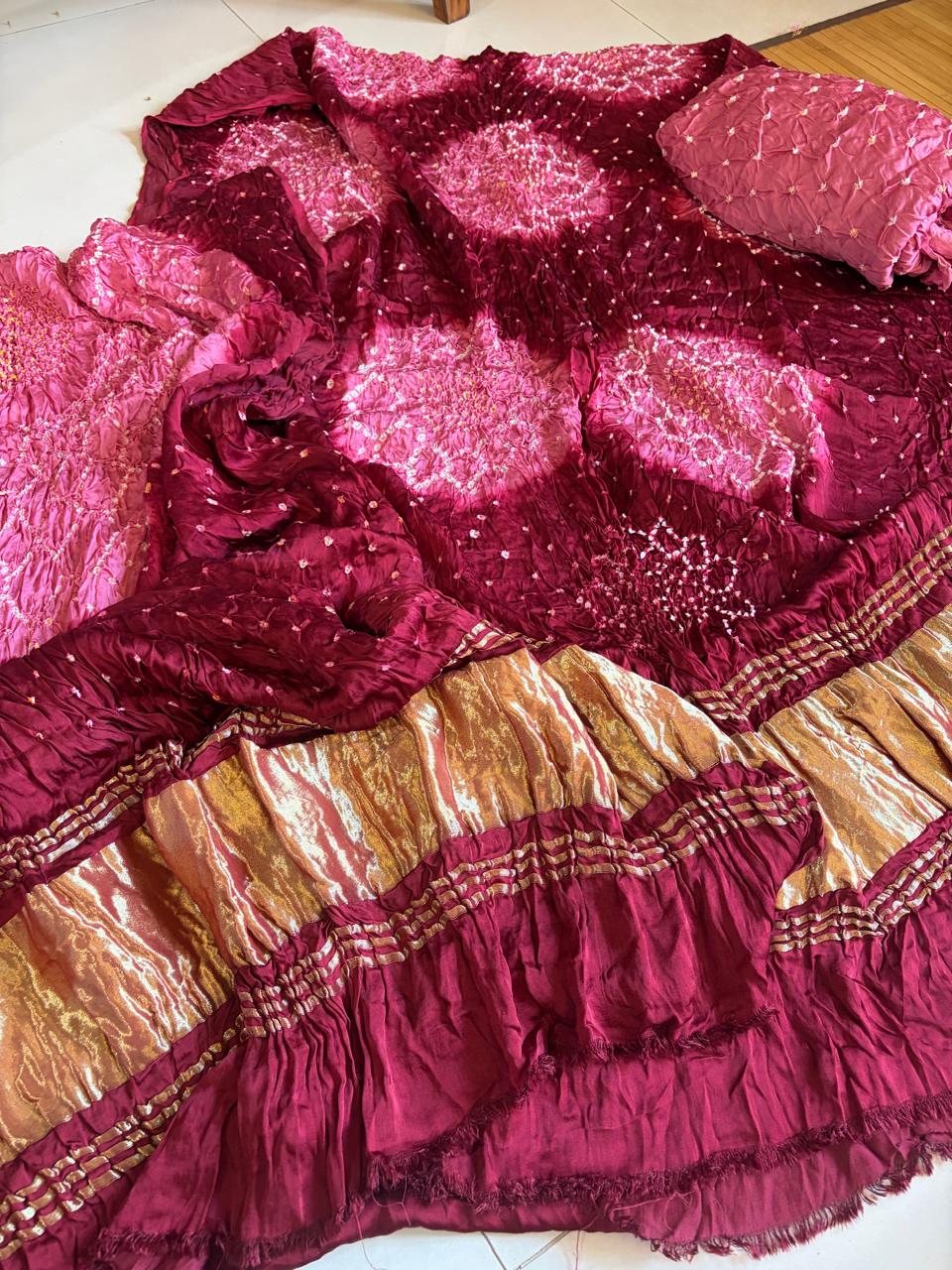 Hand-Tied Bandhani Modal Silk 3-Piece Suit Set  Wine Maroon  Rose Pink