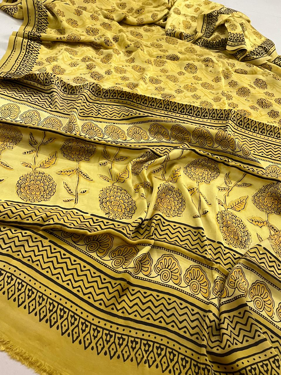 Modal Silk Handblock Printed Saree - Yellow With Black
