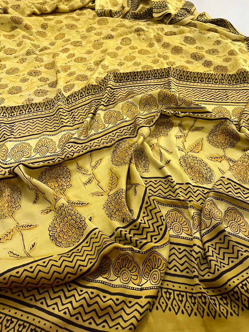 Modal Silk Handblock Printed Saree - Yellow With Black