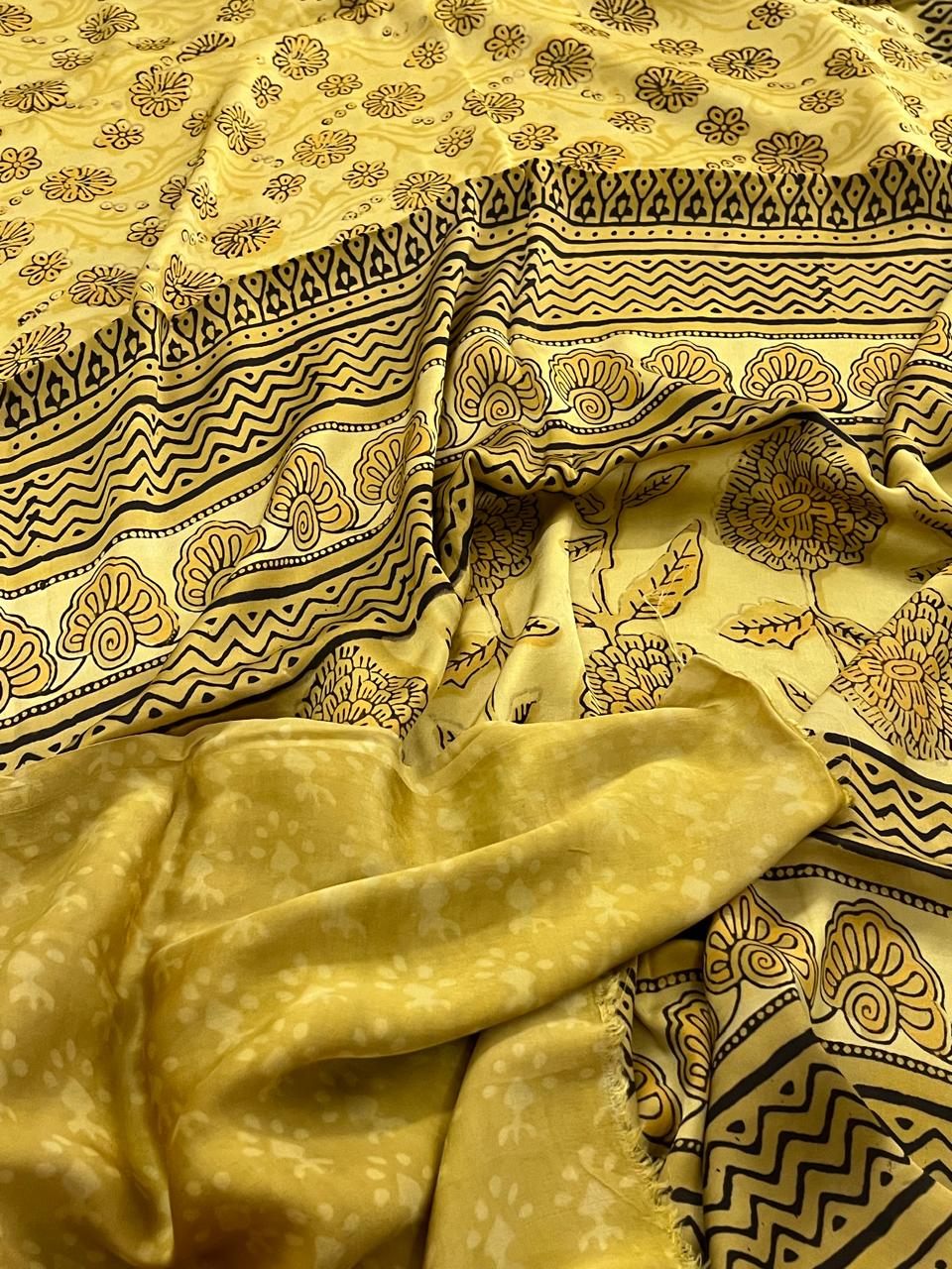 Modal Silk Handblock Printed Saree - Yellow With Black