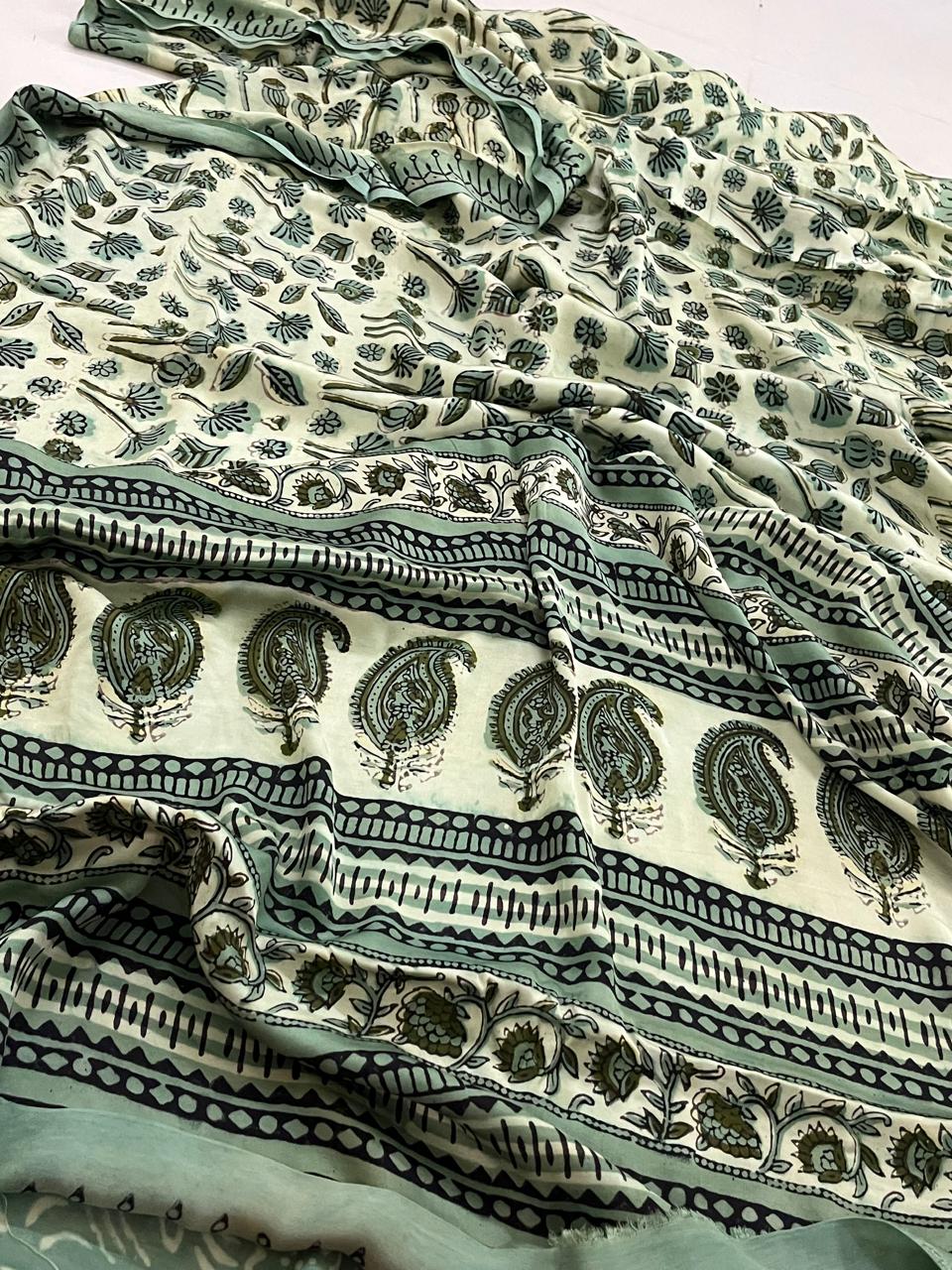 Modal Silk Handblock Printed Saree - Dusky Teal