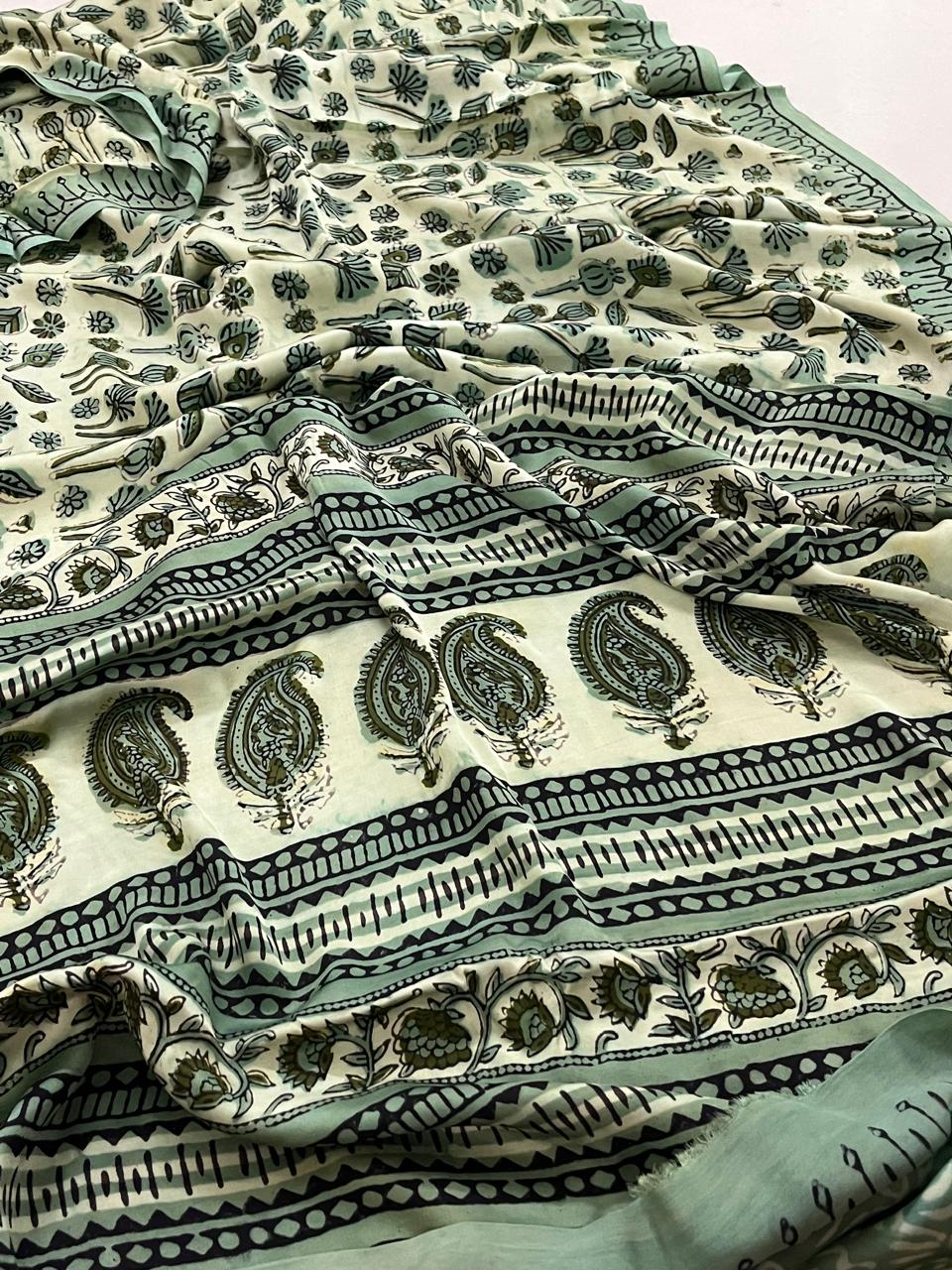 Modal Silk Handblock Printed Saree - Dusky Teal