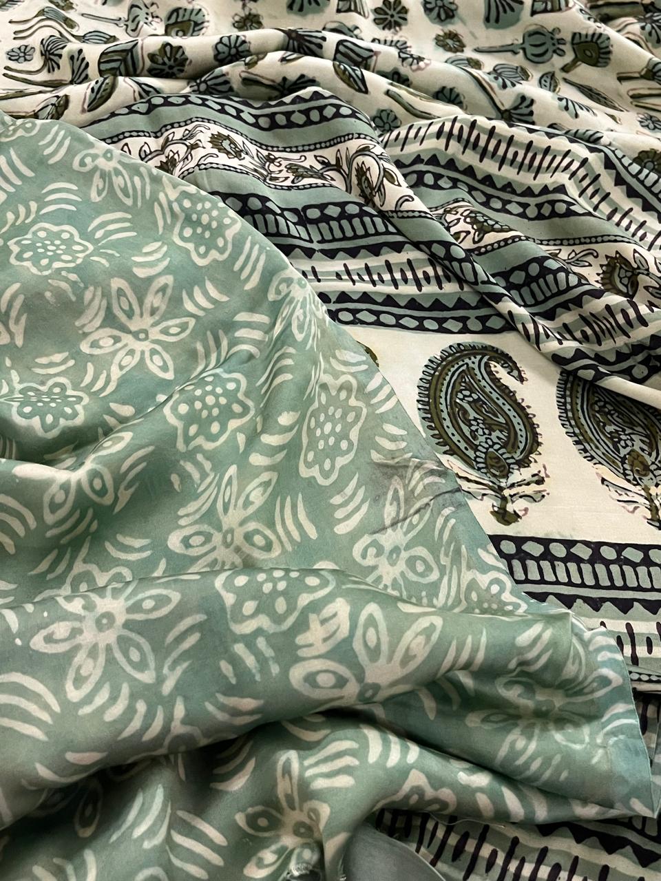 Modal Silk Handblock Printed Saree - Dusky Teal