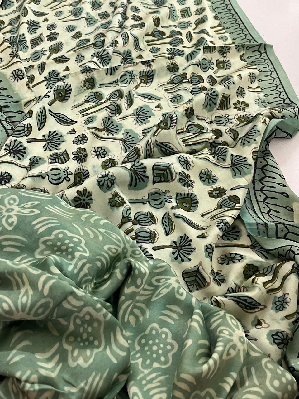 Modal Silk Handblock Printed Saree - Dusky Teal