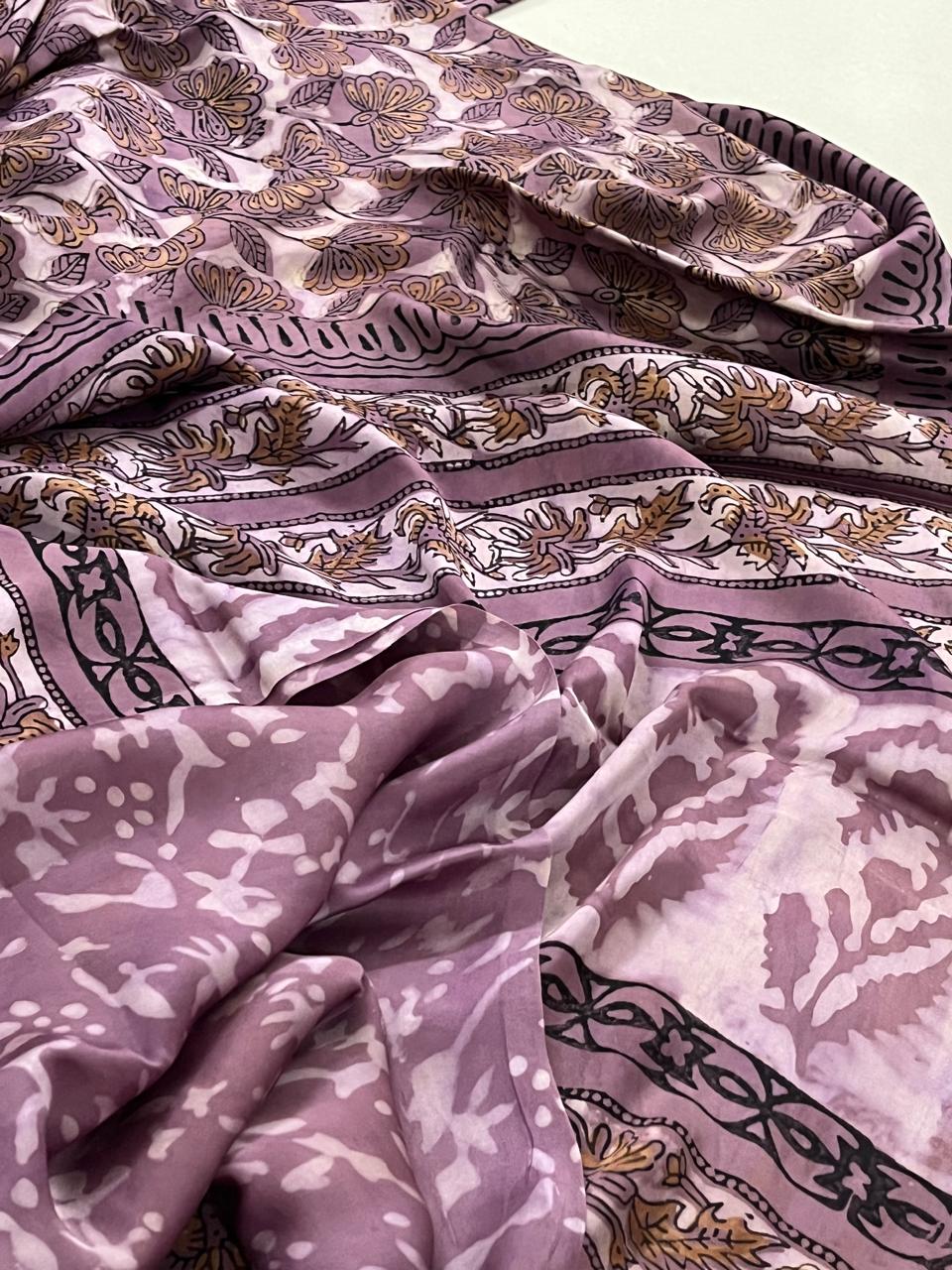 Modal Silk Handblock Printed Saree - Lavendar