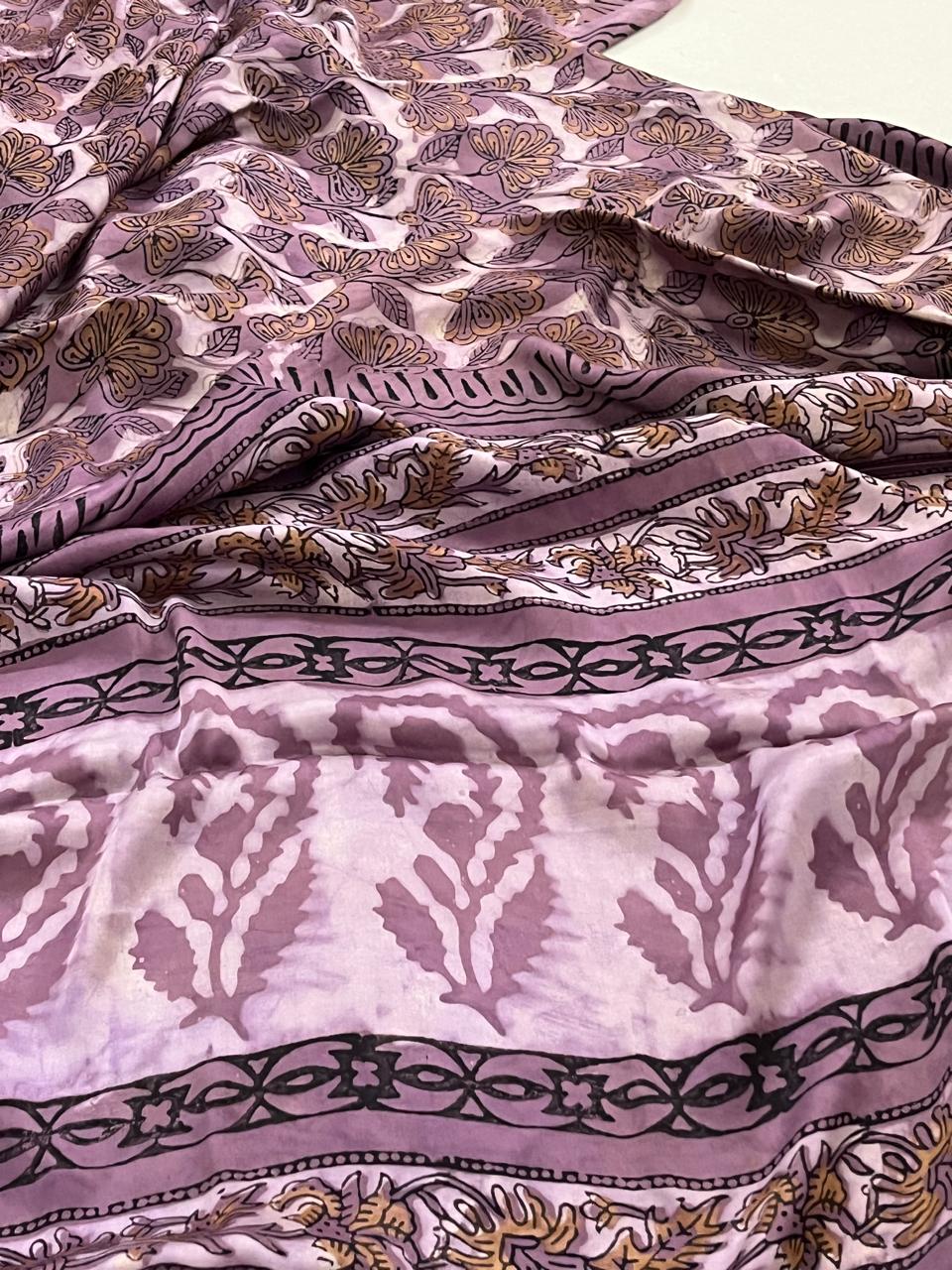 Modal Silk Handblock Printed Saree - Lavendar