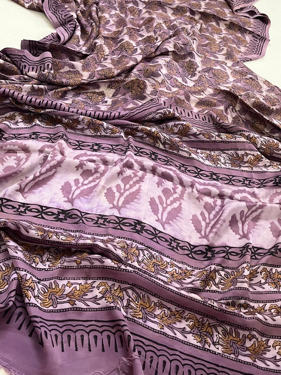 Modal Silk Handblock Printed Saree - Lavendar