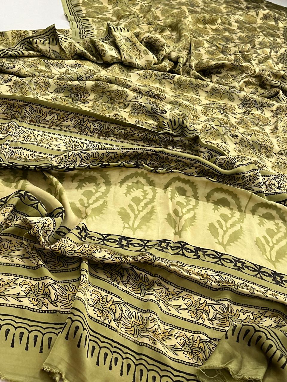 Modal Silk Handblock Printed Saree - Olive Zest