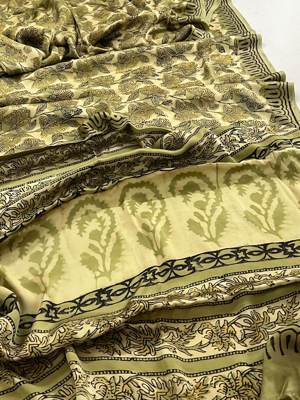 Modal Silk Handblock Printed Saree - Olive Zest