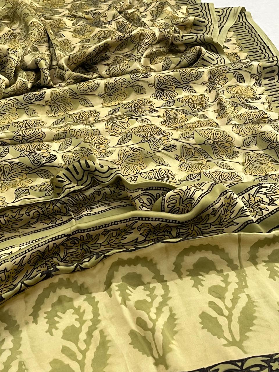 Modal Silk Handblock Printed Saree - Olive Zest