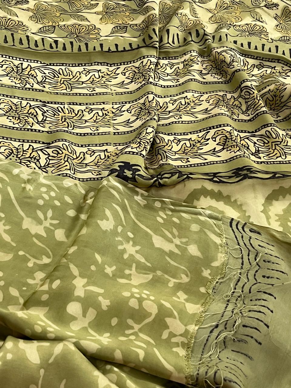 Modal Silk Handblock Printed Saree - Olive Zest