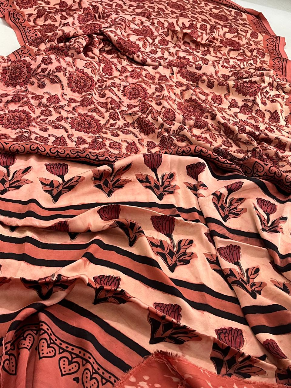 Modal Silk Handblock Printed Saree - Rustic Red