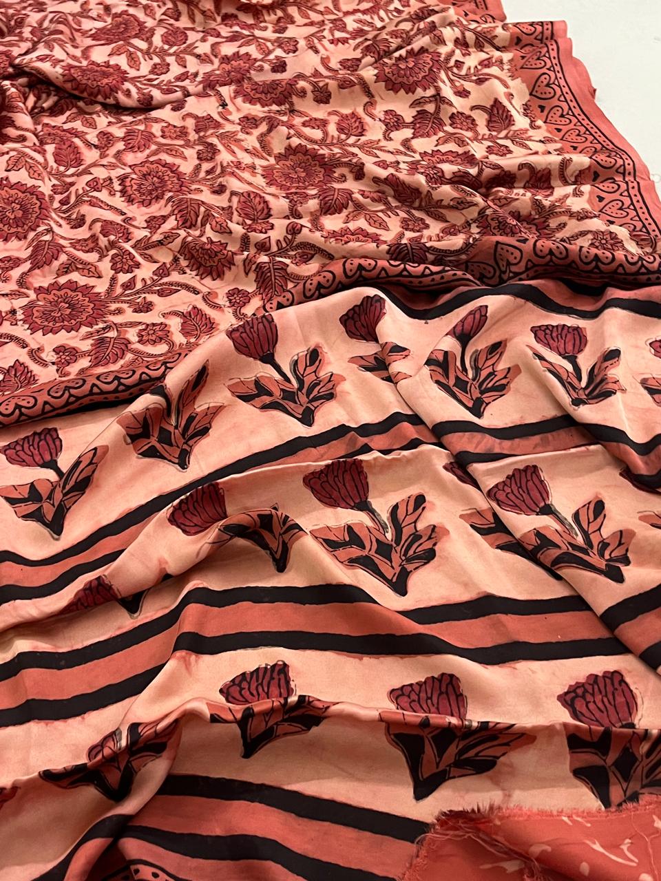 Modal Silk Handblock Printed Saree - Rustic Red