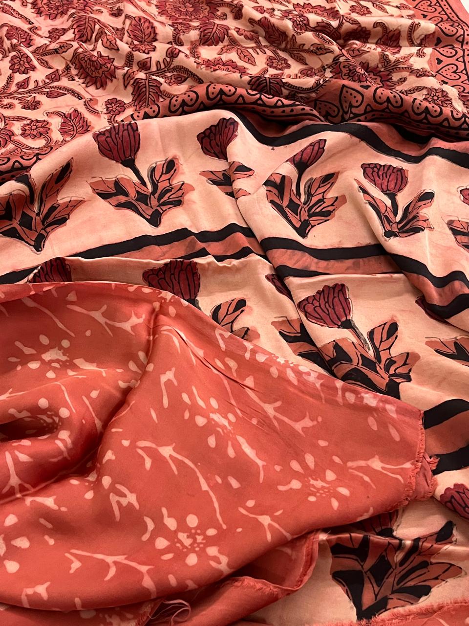 Modal Silk Handblock Printed Saree - Rustic Red