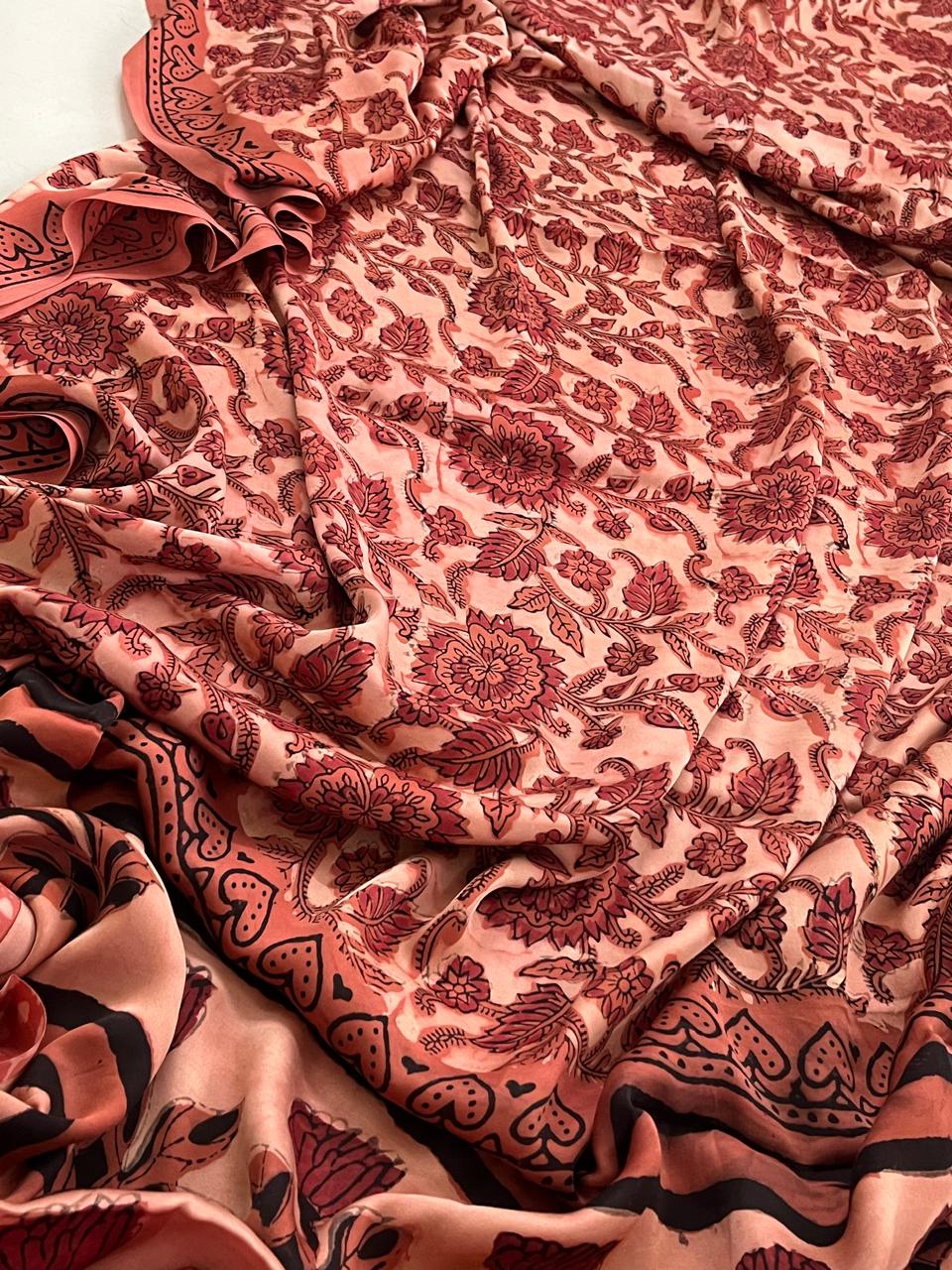 Modal Silk Handblock Printed Saree - Rustic Red