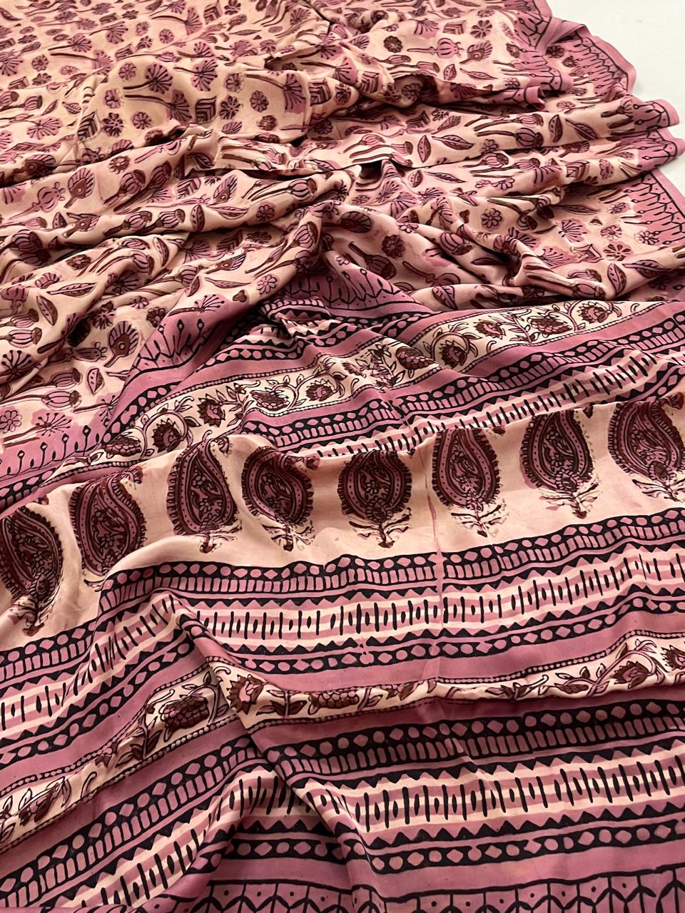 Modal Silk Handblock Printed Saree - Vintage Blush