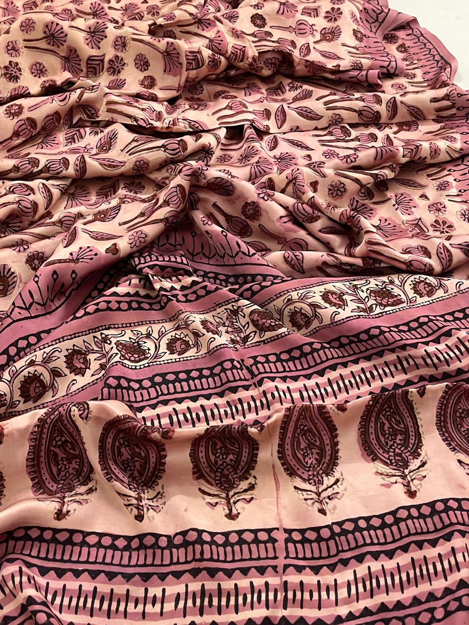 Modal Silk Handblock Printed Saree - Vintage Blush