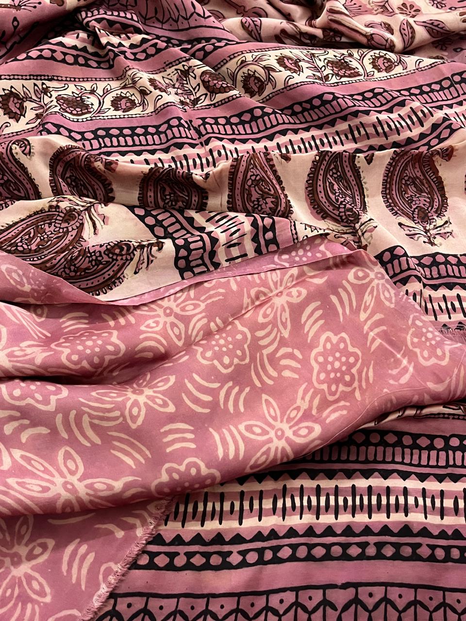 Modal Silk Handblock Printed Saree - Vintage Blush