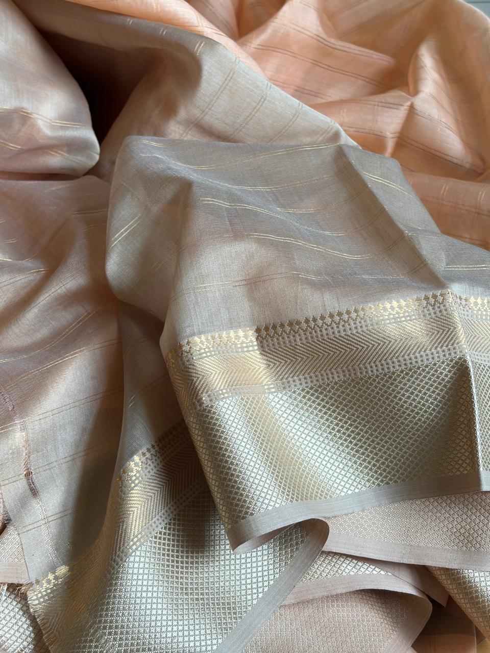 Mridula Peach and Silver Handwoven Maheshwari Saree