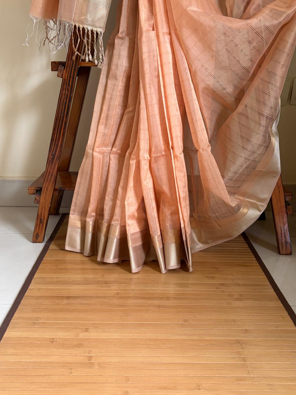 Mridula Peach and Silver Handwoven Maheshwari Saree